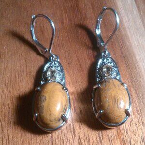 Script Stone and Brazilian Citrine Stainless Steel Lever Back Earrings